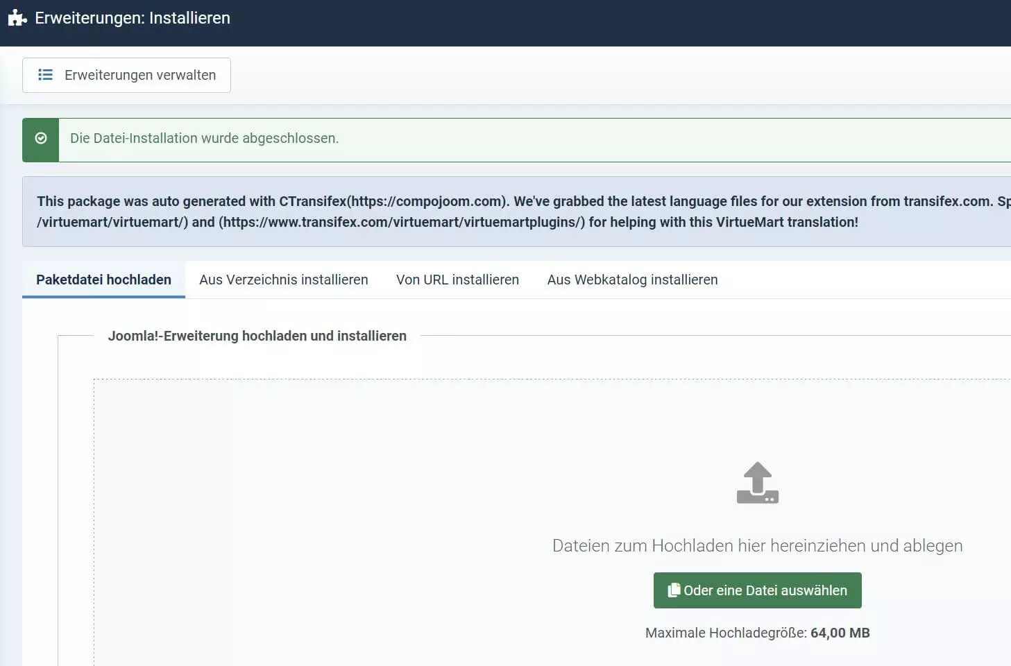 Paketdatei hochladen im Joomla-Backend