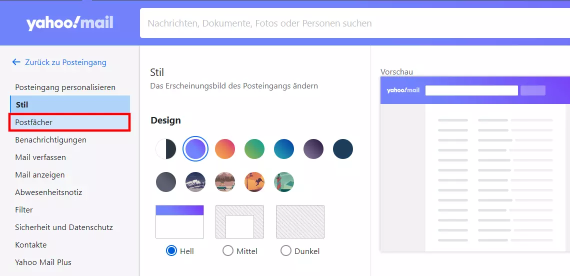 „Postfächer“-Menüeintrag in den Yahoo-Einstellungen