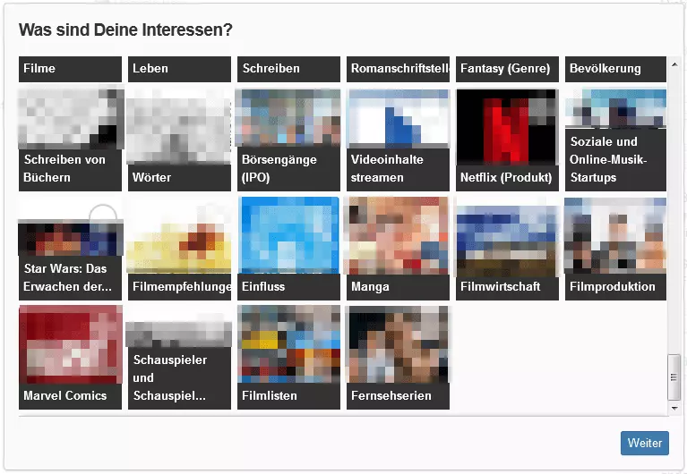 Quoras Auswahlmenü, um die eigenen Interessensgebiete anzugeben