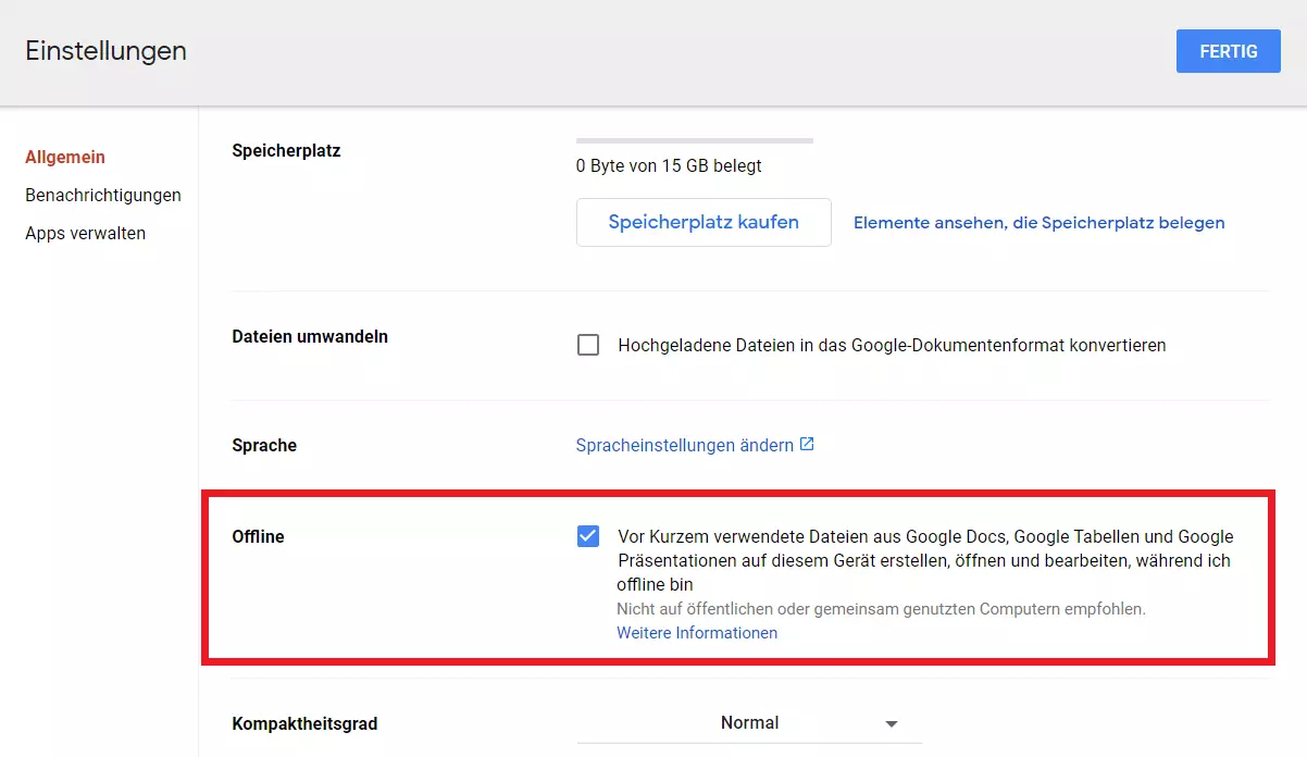 Google Drive: „Offline“-Funktion aktivieren 