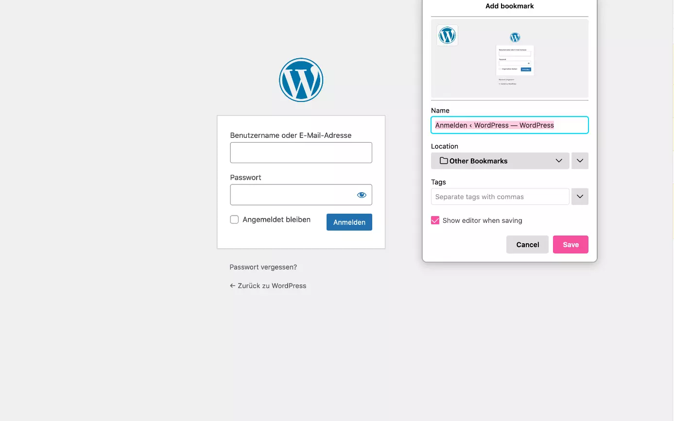 Lesezeichen zur WP-Admin-Login-Seite im Browser setzen