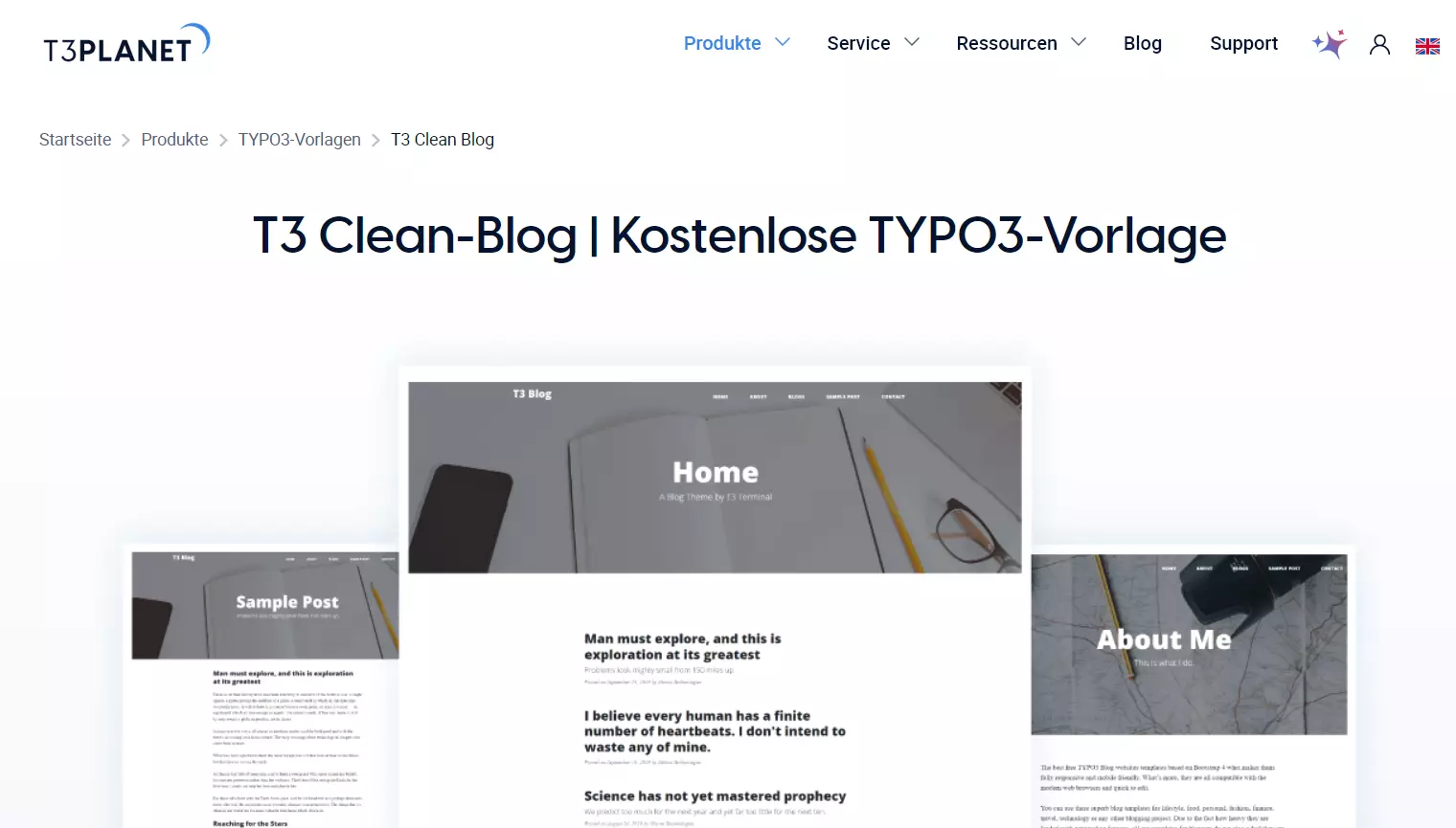 Screenshot der Seite zu T3 Clean-Blog