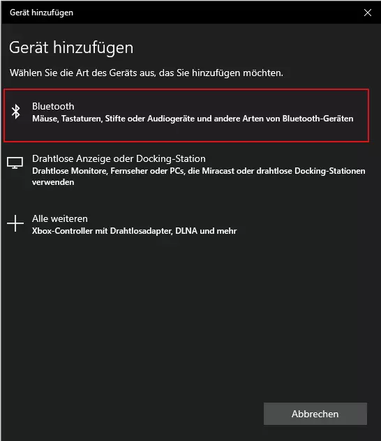 Screenshot der Verbindungsoptionen im Bluetooth-Menü