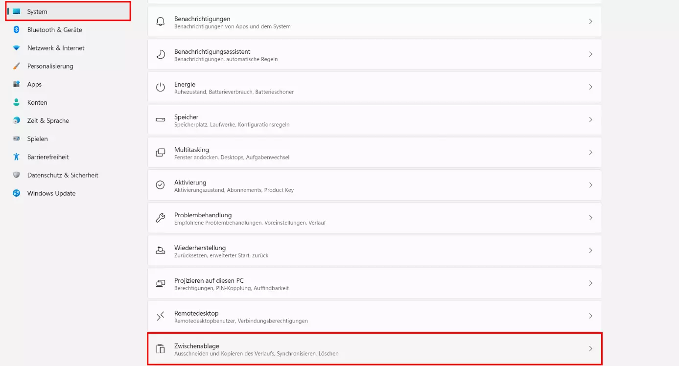Windows 11: System-Einstellung „Zwischenablage“
