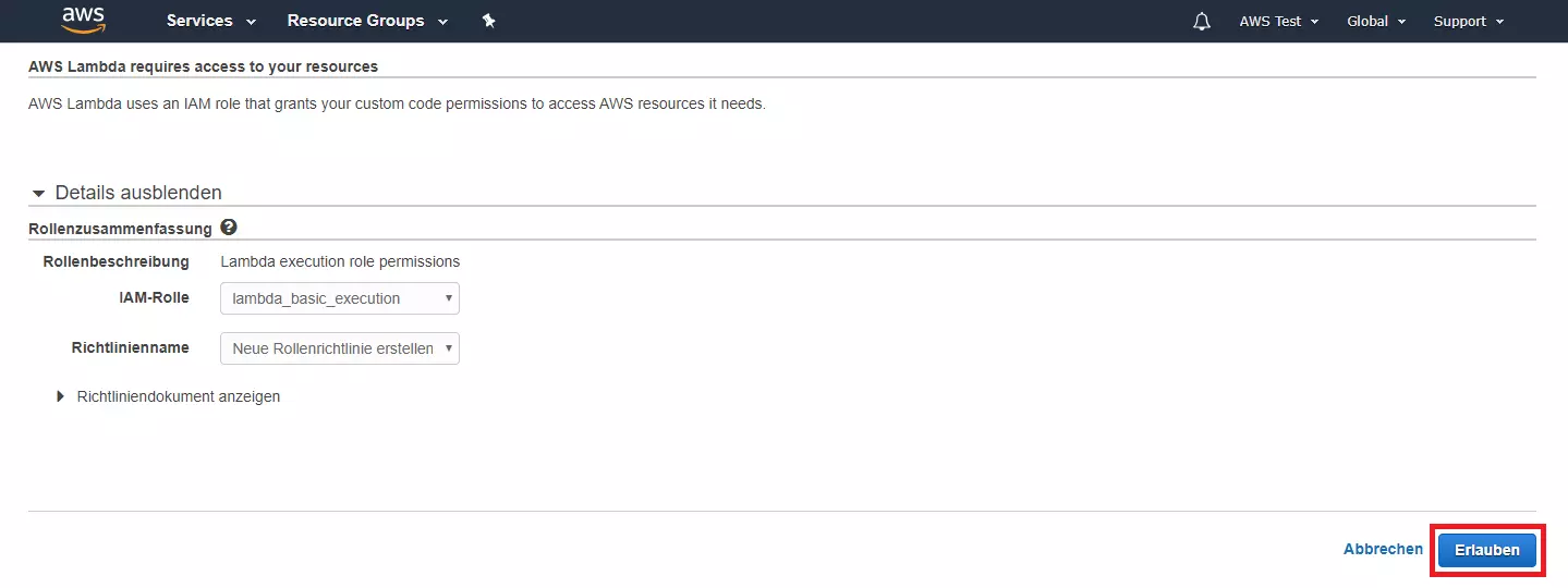 AWS-Management-Konsole: Konfigurationsmaske für die Ausführungsrolle der Lambda-Funktion