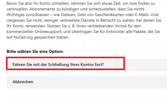 Microsoft-Konto löschen: Vorabinformationen über verbundene Dienste.