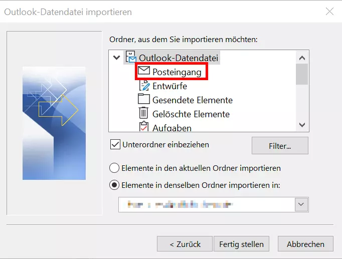 Im Assistenten gewählte Outlook-Datendatei mit Import-Optionen