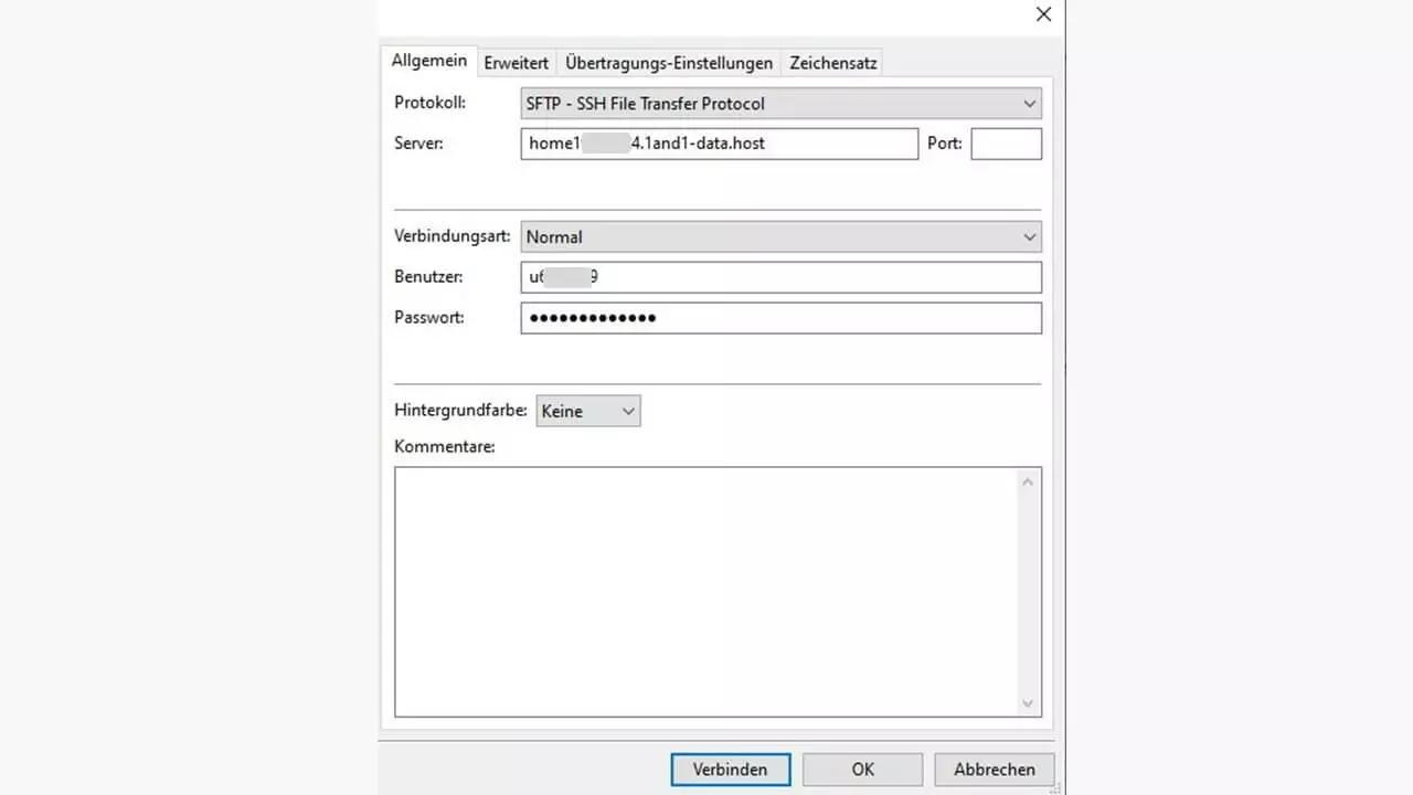 SFTP im Servermanager von FileZilla auswählen