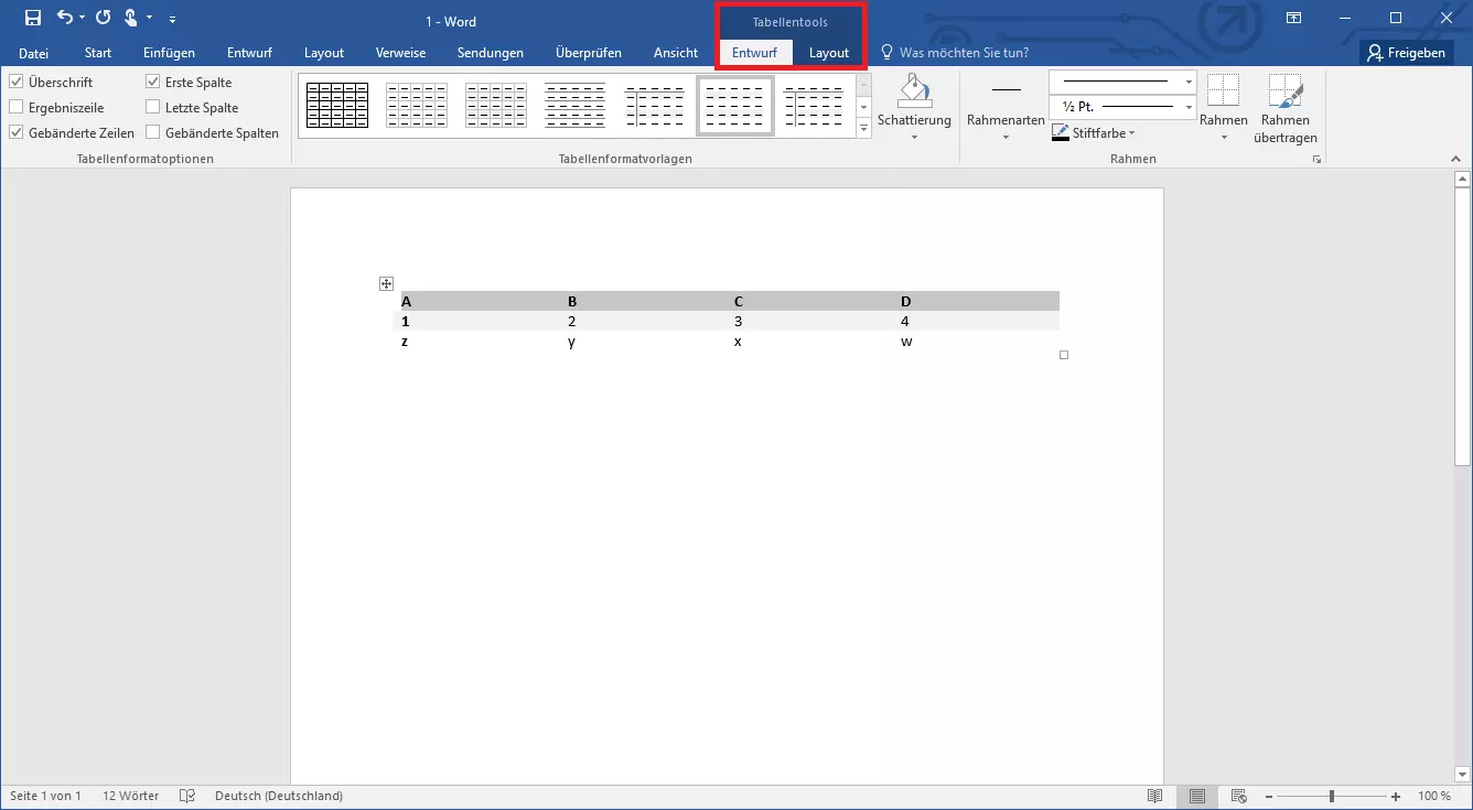 Auswahl an Tabellentools in Word