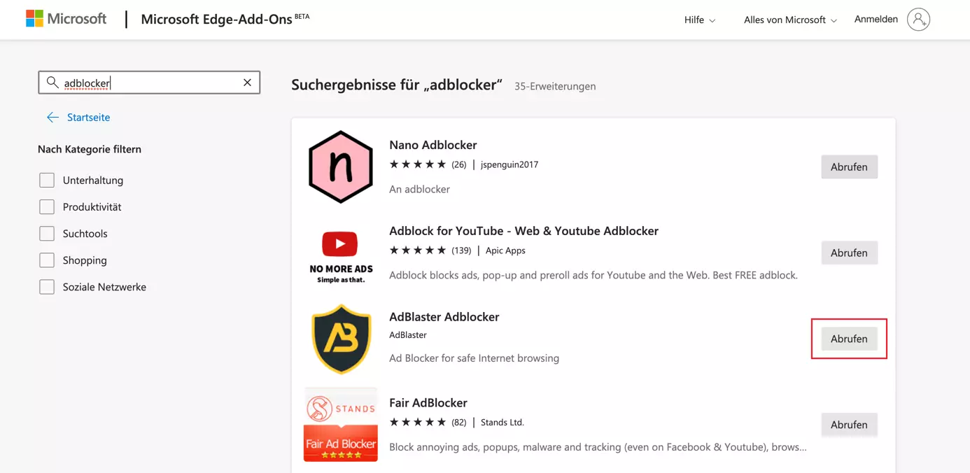 Suchergebnisliste im Add-on-Store von Microsoft Edge