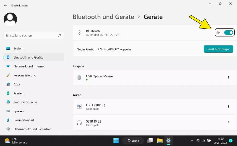 Bluetooth-Schalter „Ein“ in den Systemeinstellungen für Bluetooth-Geräte