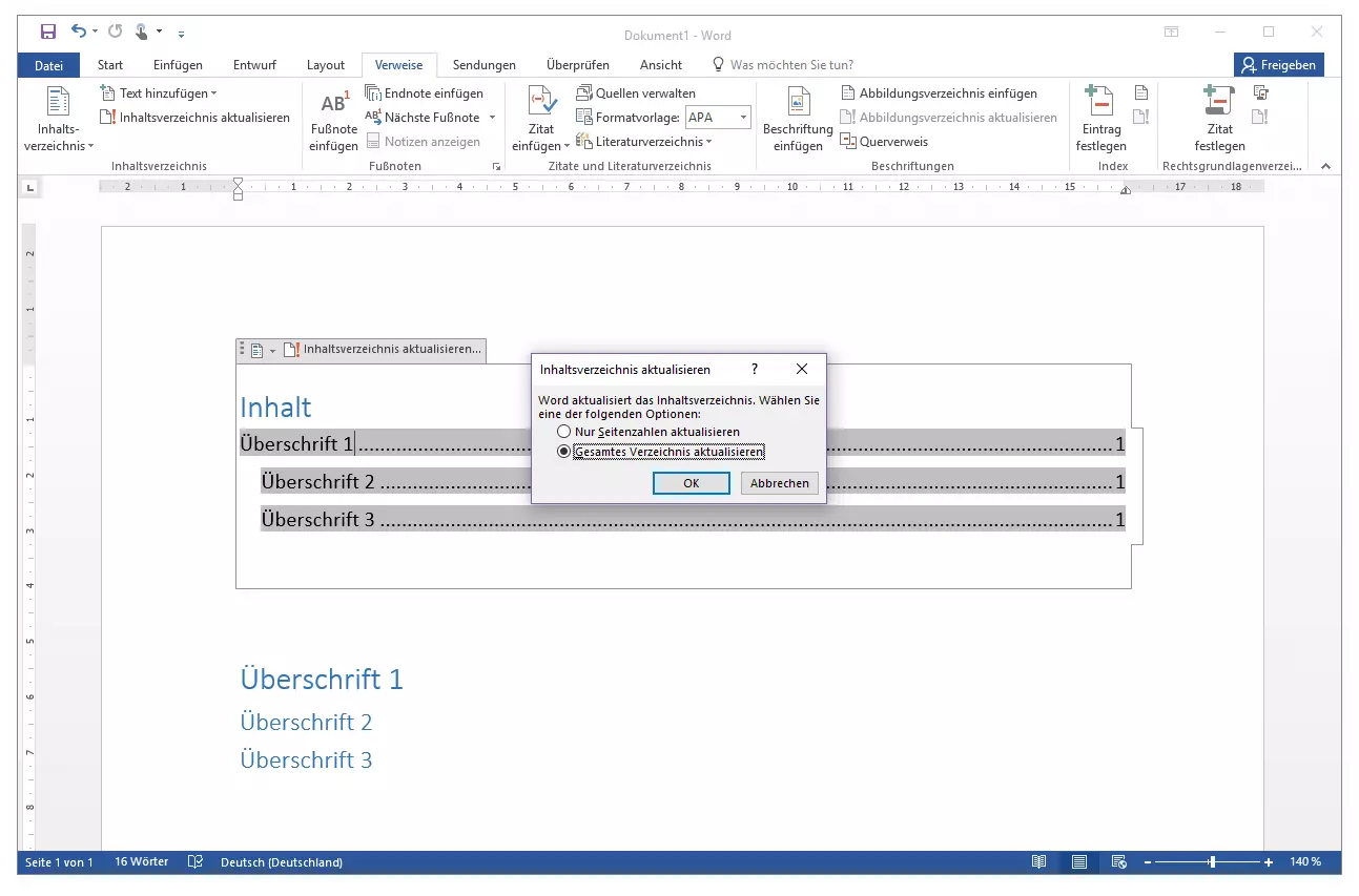 Microsoft Word 2016: Die Bearbeitungsansicht des vorkonfigurierten Inhaltsverzeichnisses