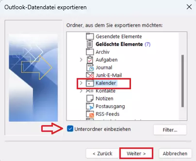 Import/Export-Assistent von Outlook: Auswahl der zu exportierenden Daten