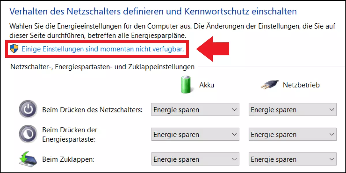 Windows 10: Menü zum Definieren der Energiesparoptionen