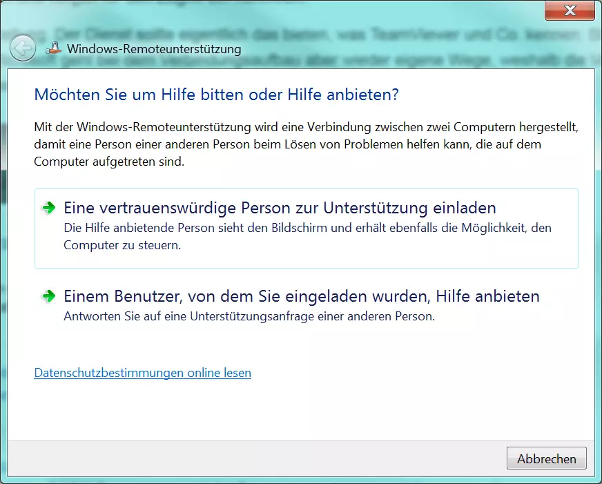 Abfragefenster, in dem Sie festlegen, ob Sie für die Windows-Remoteunterstützung Hilfe benötigen oder anbieten