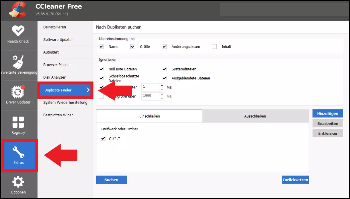 Das Menü „Duplicate Finder“ im CCleaner.