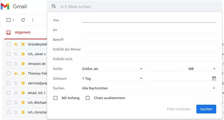 Gmail-Fenster für die erweiterte Suche