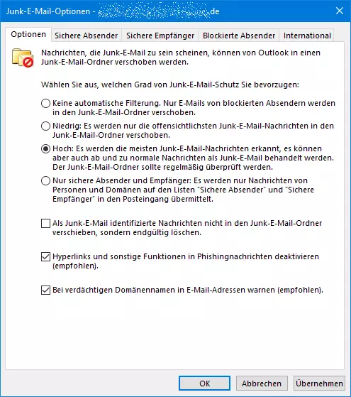 Junk-E-Mail Optionen in Outlook