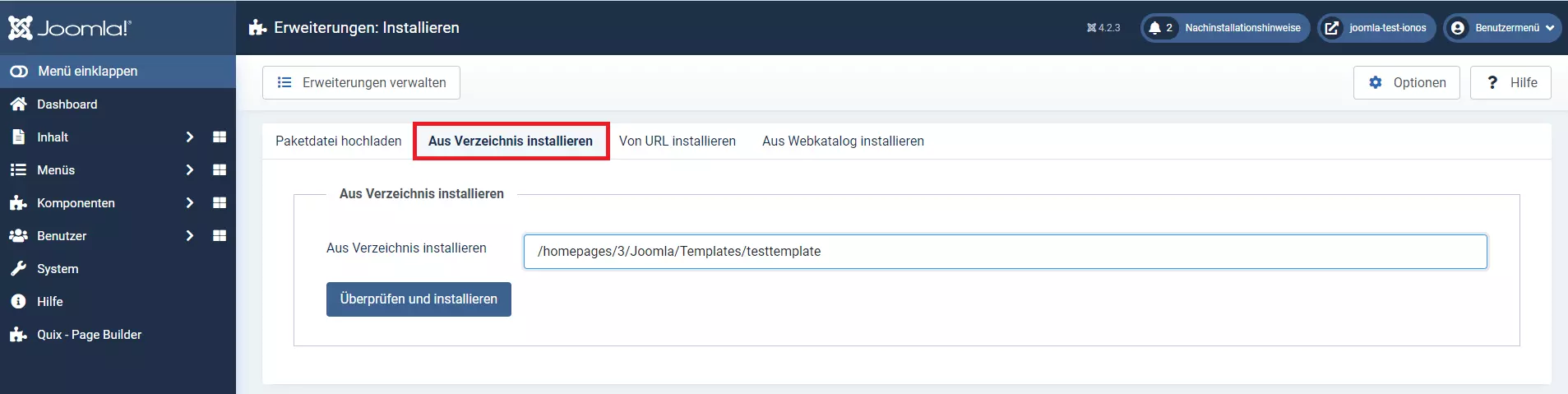 Option „Aus Verzeichnis installieren“ im Joomla-Backend