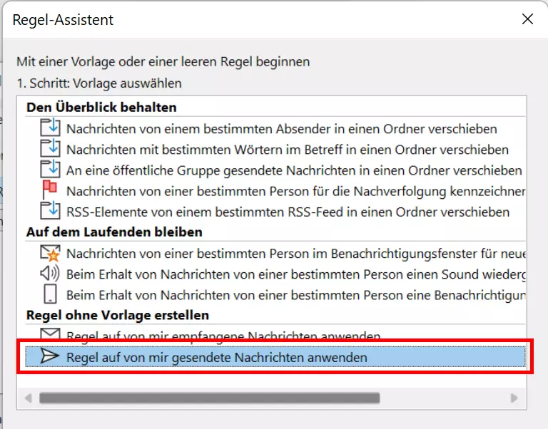 Regel-Assistent: Regel nur auf von mir gesendete Nachrichten anwenden