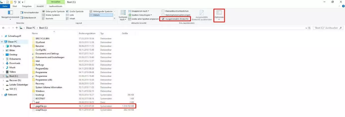 pagefile.sys im Dateiexplorer von Windows 10