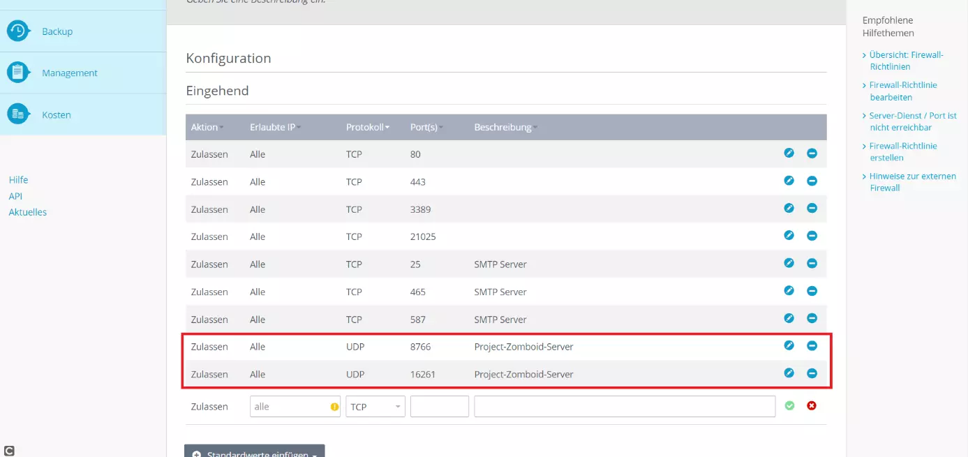 Liste der zugelassenen Ports im Cloud Panel