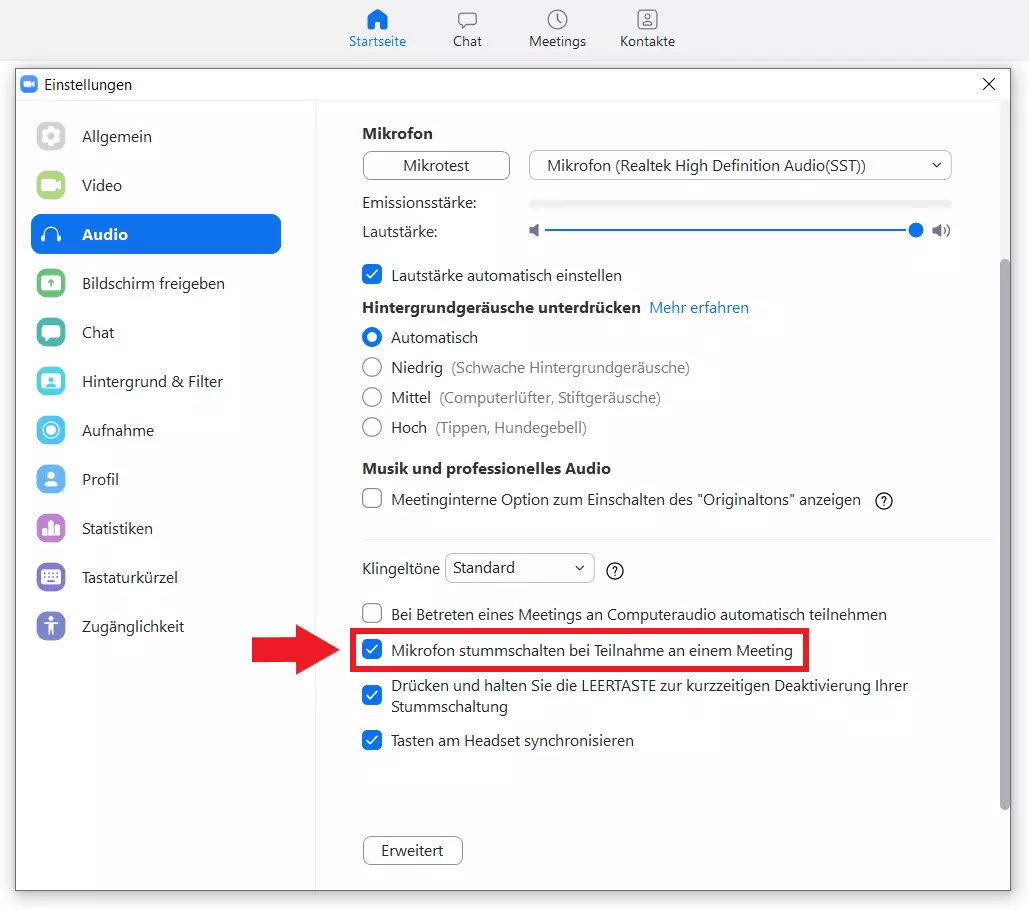 Um das Mikrofon automatisch stummzuschalten, aktivieren Sie „Mikrofon stummschalten bei Teilnahme an einem Meeting“.