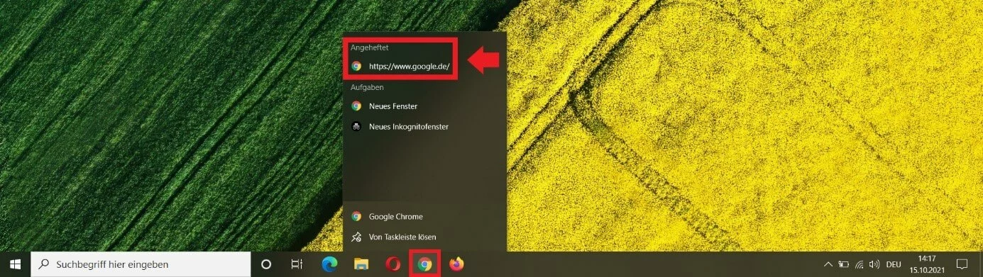 Angehefteter Link im Rechtsklick-Menü des Chrome-Icons in der Taskleiste