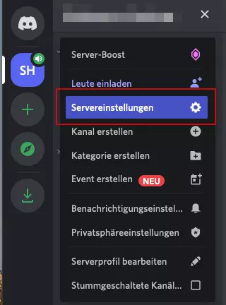 Menü eines Discord-Servers