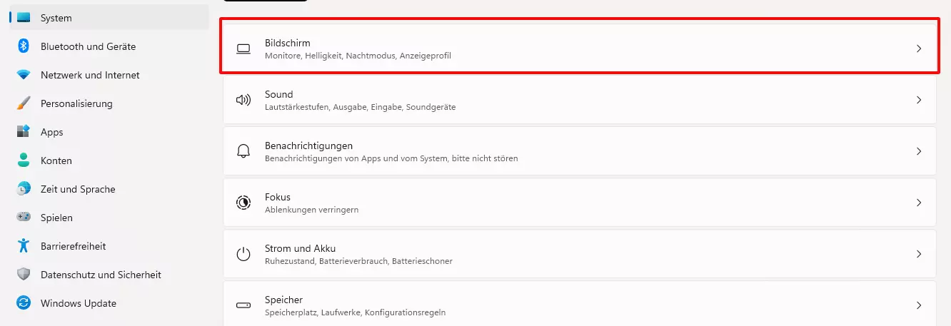 Screenshot der Systemfunktionen bei Windows 11