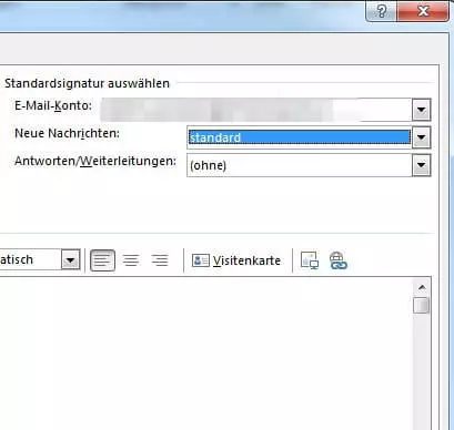 Signatur-Einstellungen von Microsoft Outlook – Drop-down-Schaltflächen zur Auswahl von Standardsignaturen