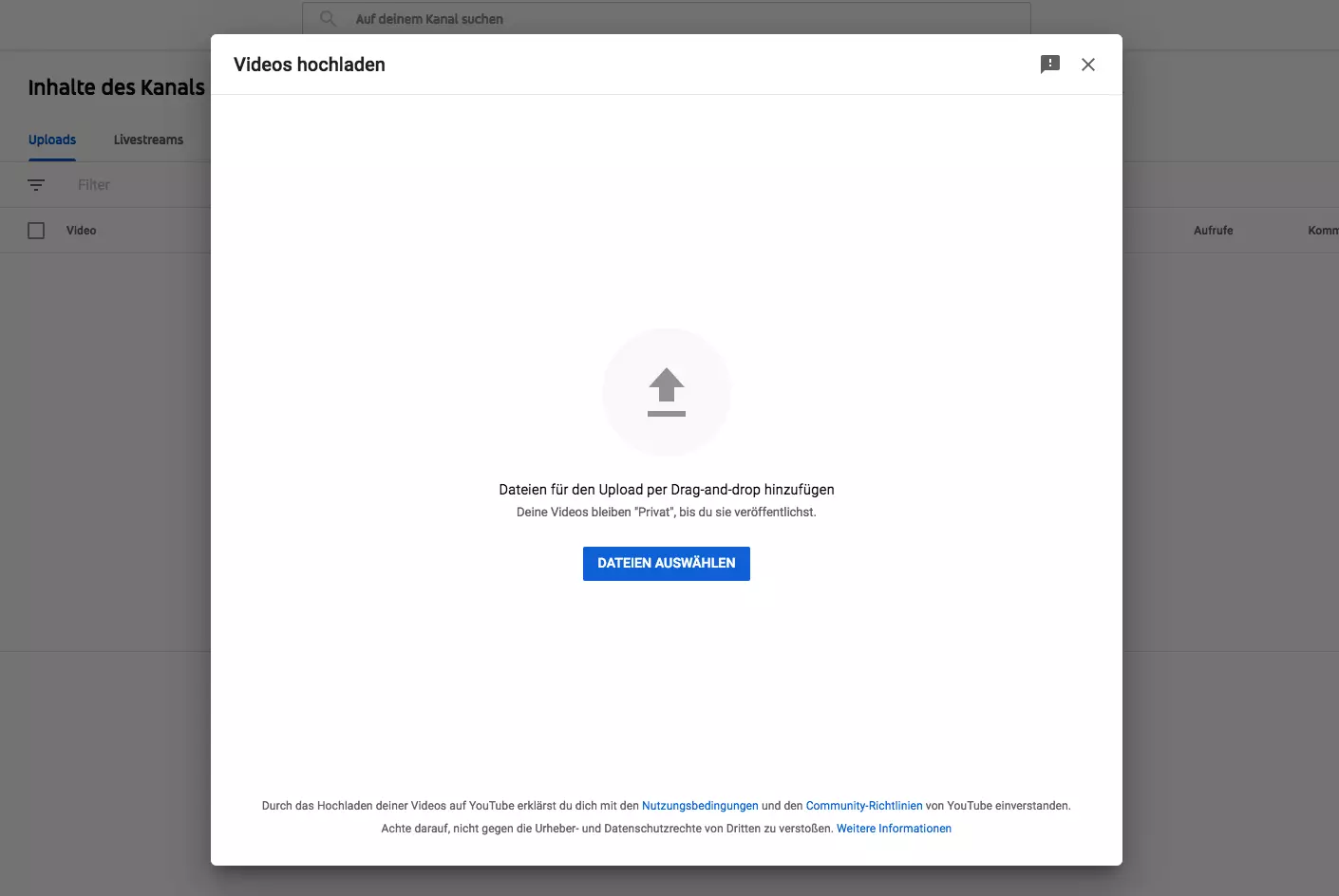 YouTube-Fenster „Videos hochladen“