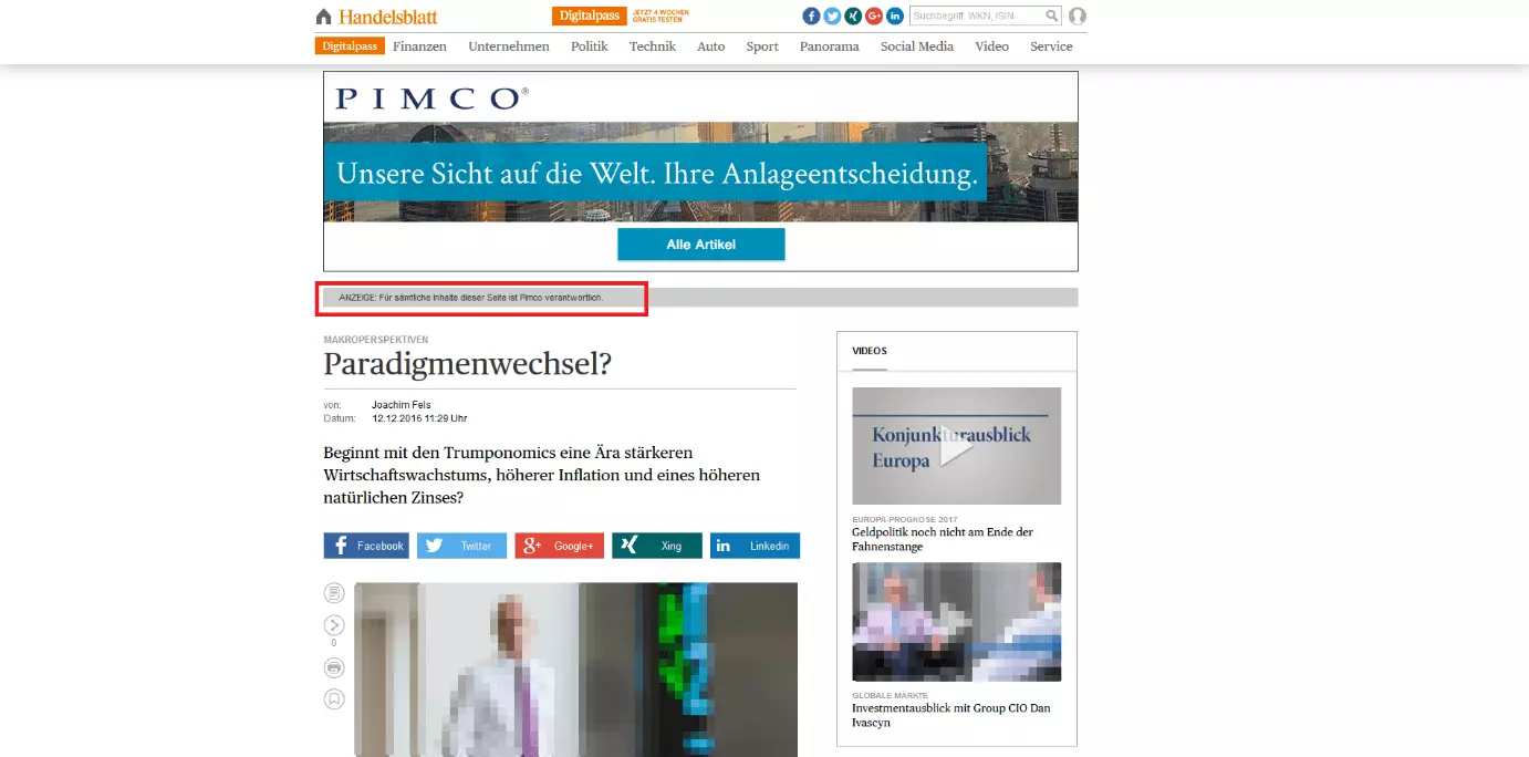 Screenshots eines Advertorials auf der Website des Handelsblatts