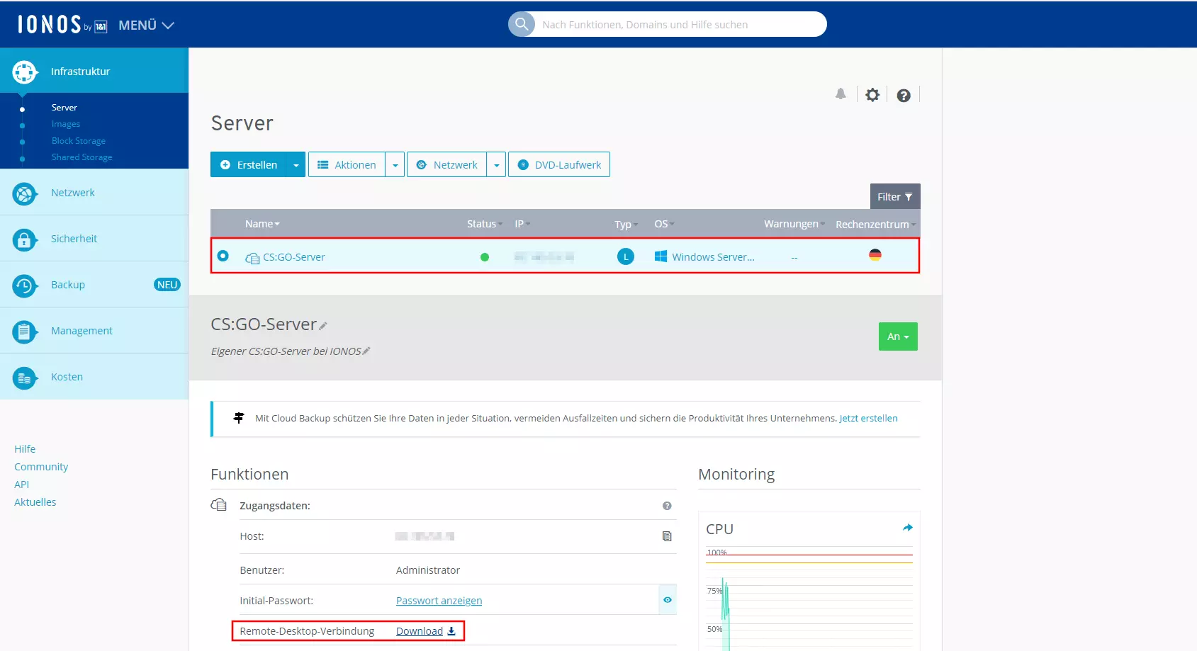 IONOS Cloud Panel: Daten und Informationen zum Server