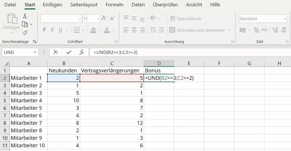 Excel-UND-Funktion: Eingabe in Zelle