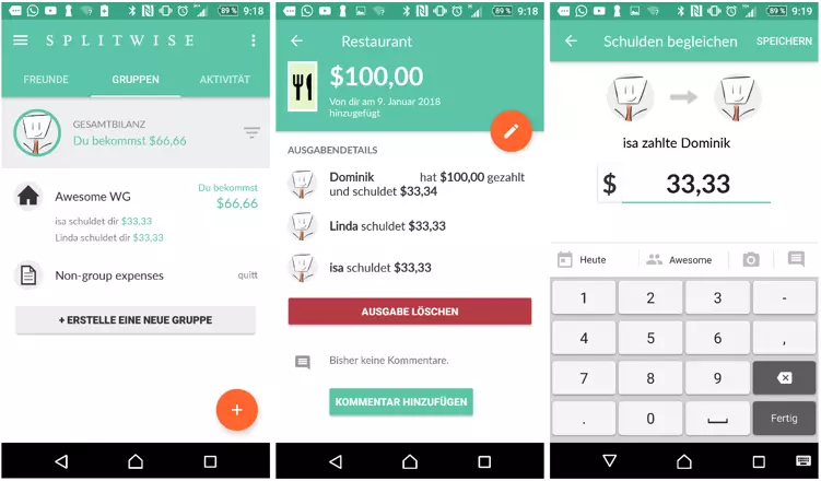 Ansichten der Splitwise-App: Gruppe – Abrechnung – Schulden begleichen