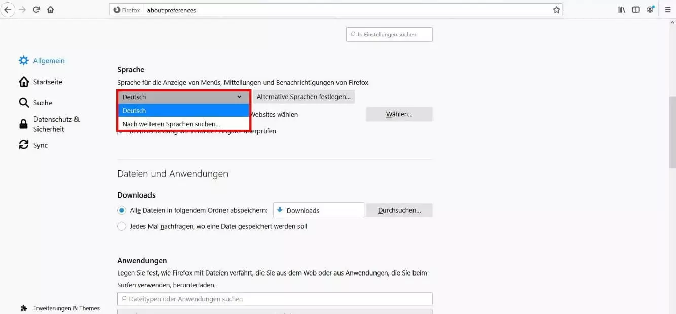 Sprach-Drop-down-Menü in den Firefox-Einstellungen