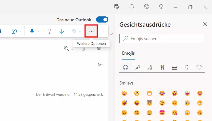 Menü „Gesichtsausdrücke“ in den weiteren Outlook-Optionen