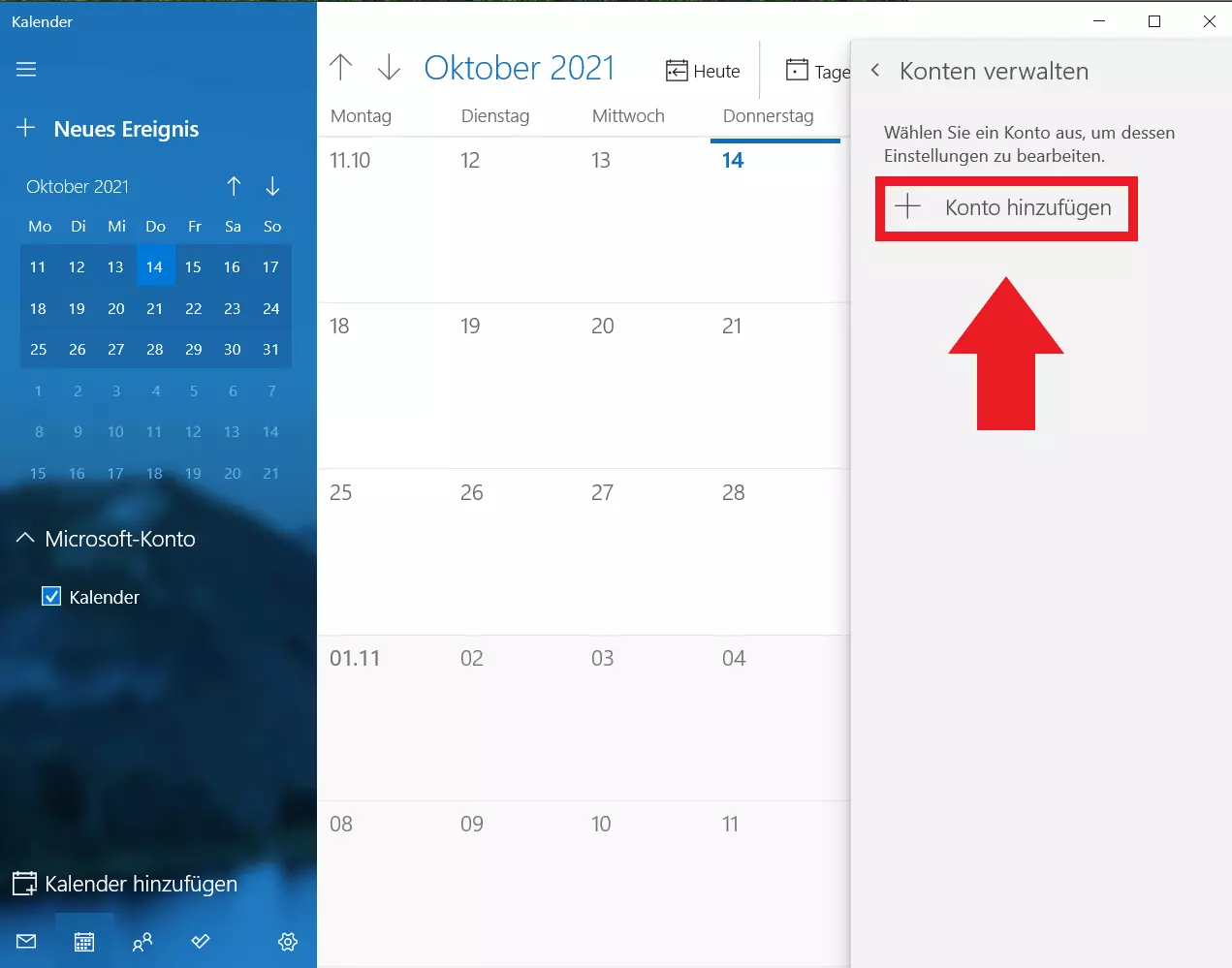 Windows-Kalender: „Konto hinzufügen“