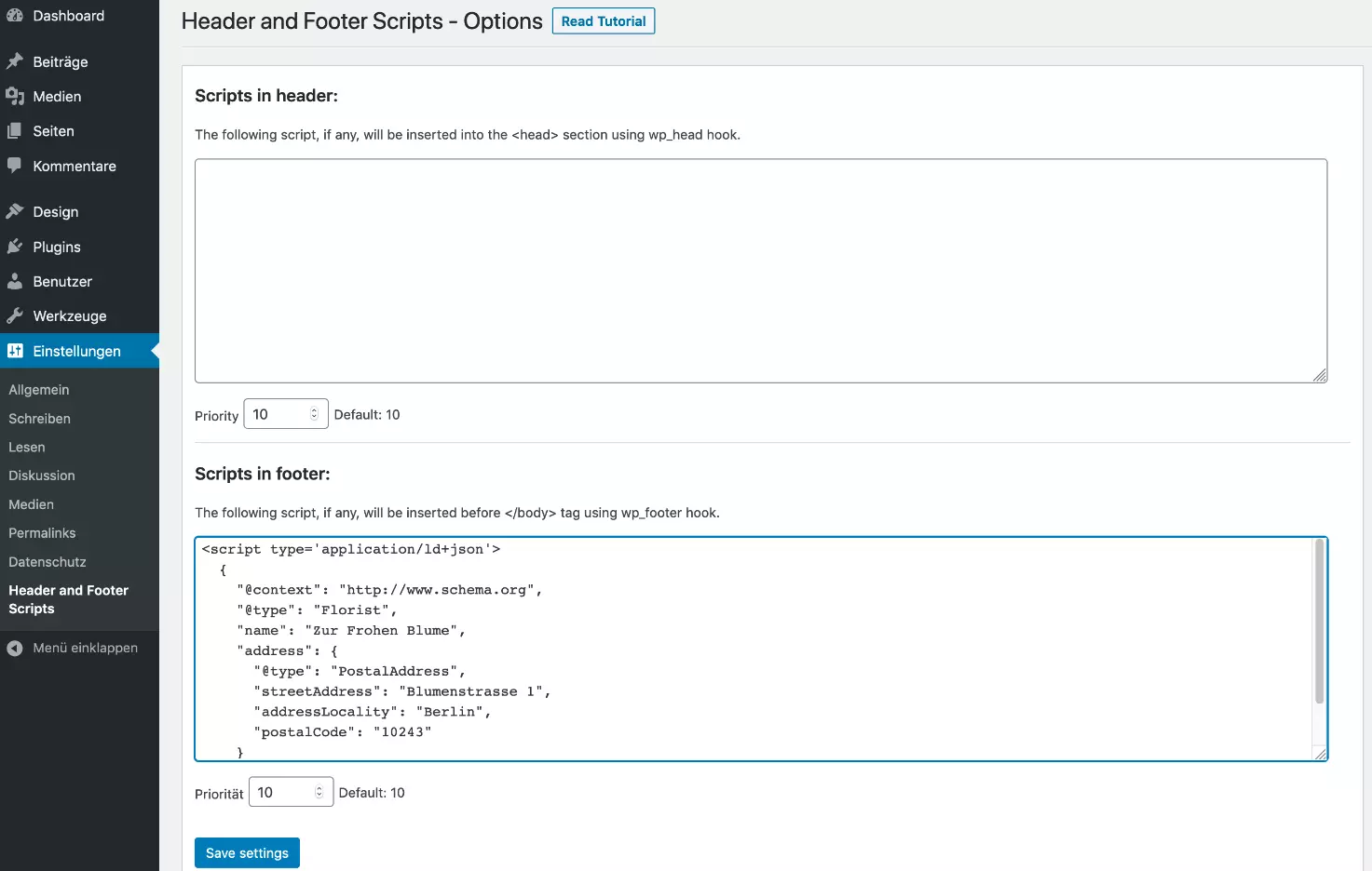 Ein Schema-Markup Element in den WordPress-Footer einfügen