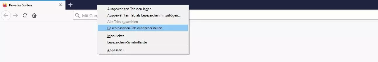 Firefox: Rechtsklick-Schnellmenü der Tab-Leiste