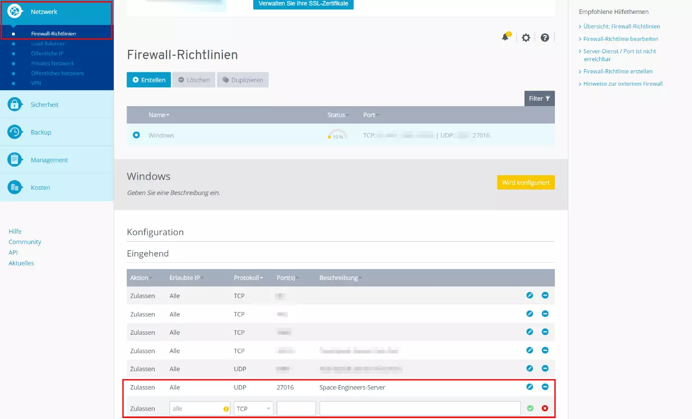 Firewall-Richtlinien-Definition im IONOS Cloud Panel