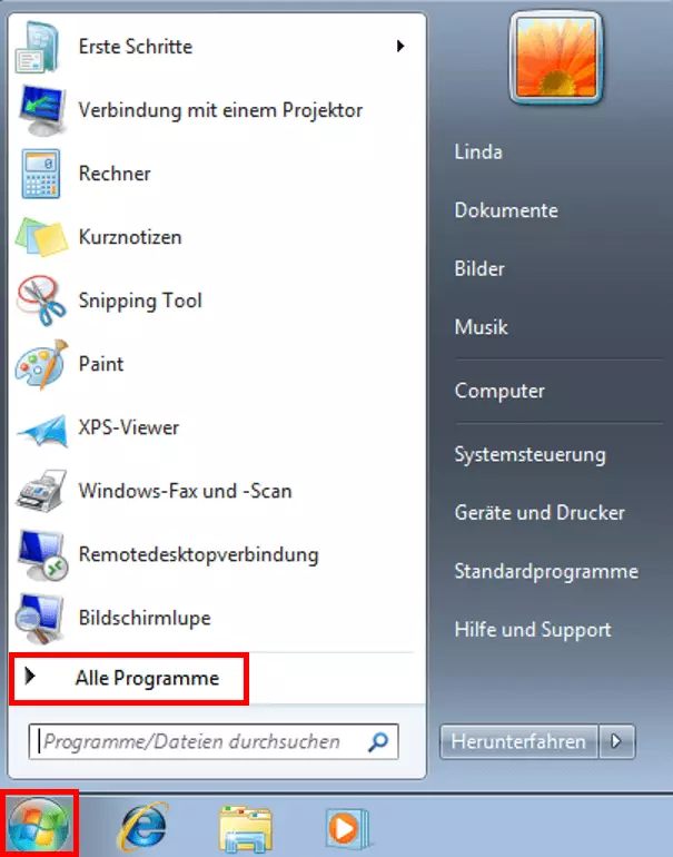 Öffnen Sie mit einem Klick „Alle Programme“ 