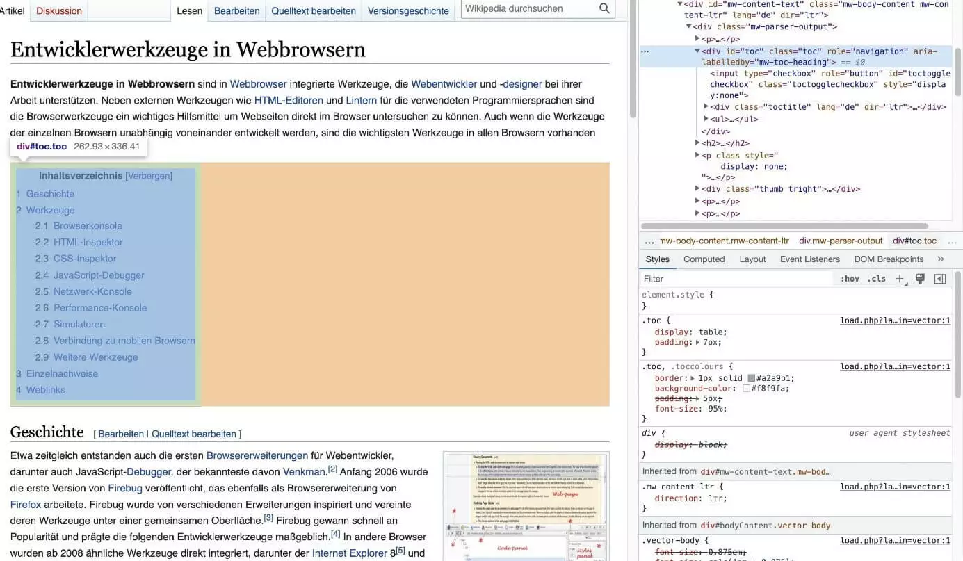 Zu verbergendes Element in den Chrome-Entwicklertools ausgewählt