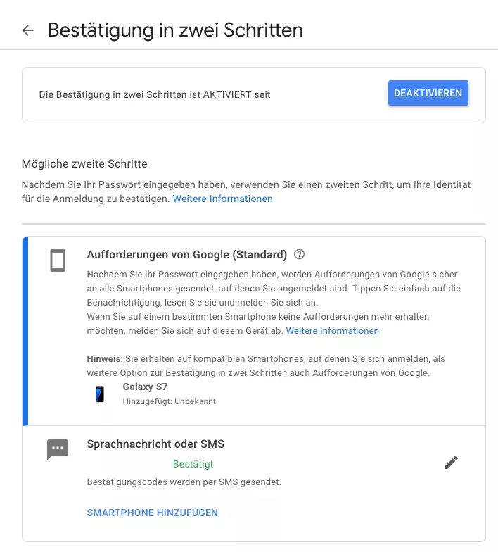 Google-Konto, Ansicht „Bestätigung in zwei Schritten“