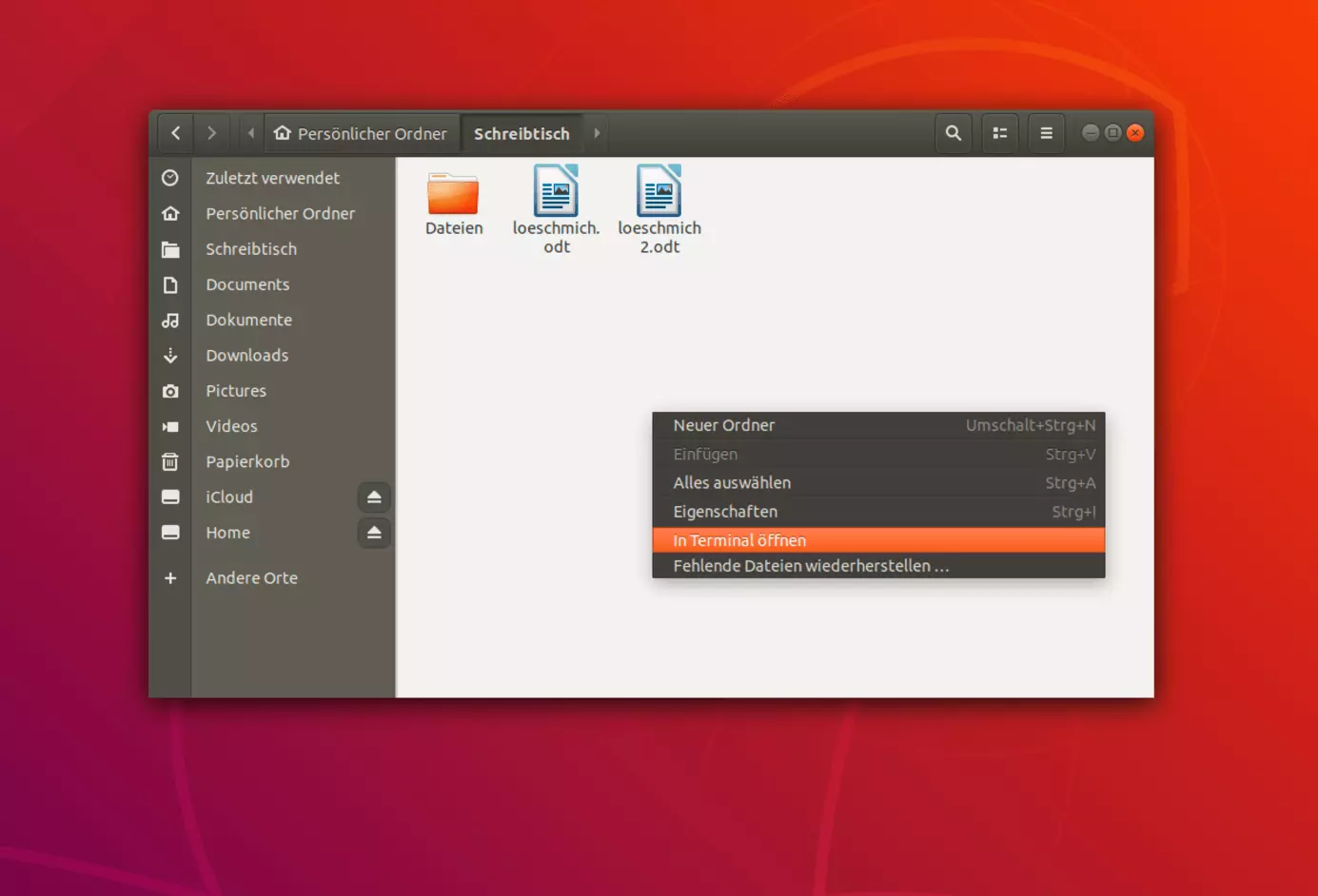Über das Kontextmenü im Dateimanager öffnen Sie das Terminal