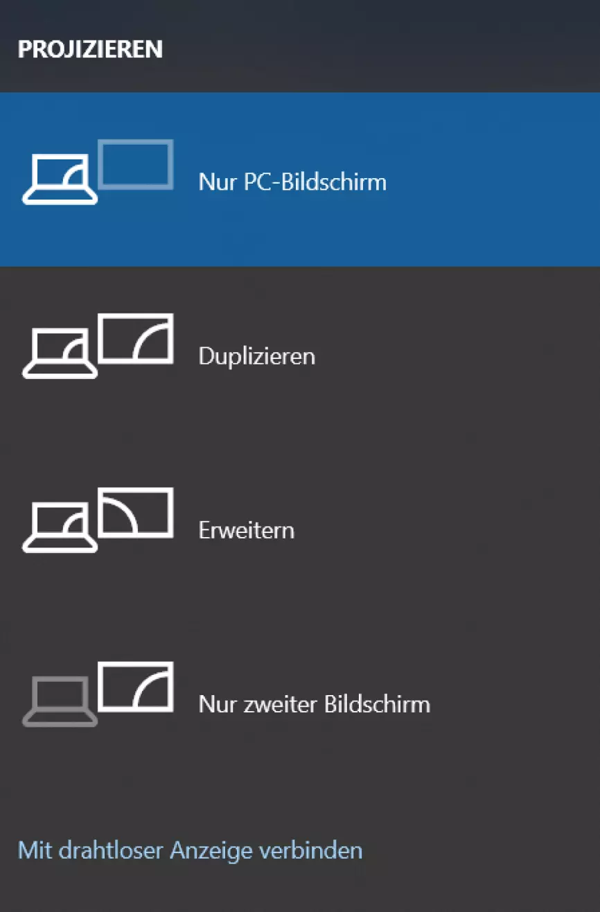 Drücken Sie WINDOWS + A und wählen Sie unter „Projizieren“ Optionen für die Übertragung aus.