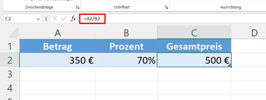 Gesamtwert anhand des Anteils und der Prozente in Excel berechnen