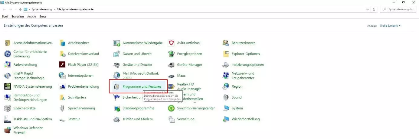 Windows-10-Systemsteuerung: „Programme und Features“