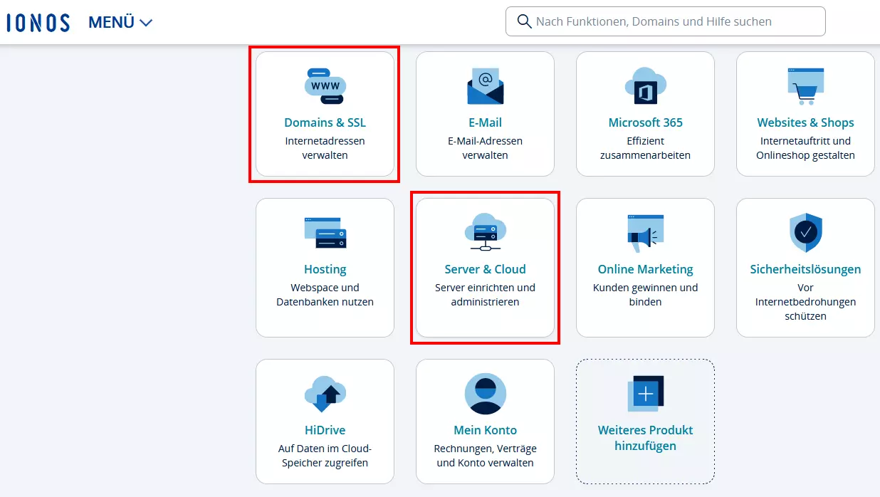 IONOS Control Center mit den Bereichen „Domain & SSL“ und „Server & Cloud“